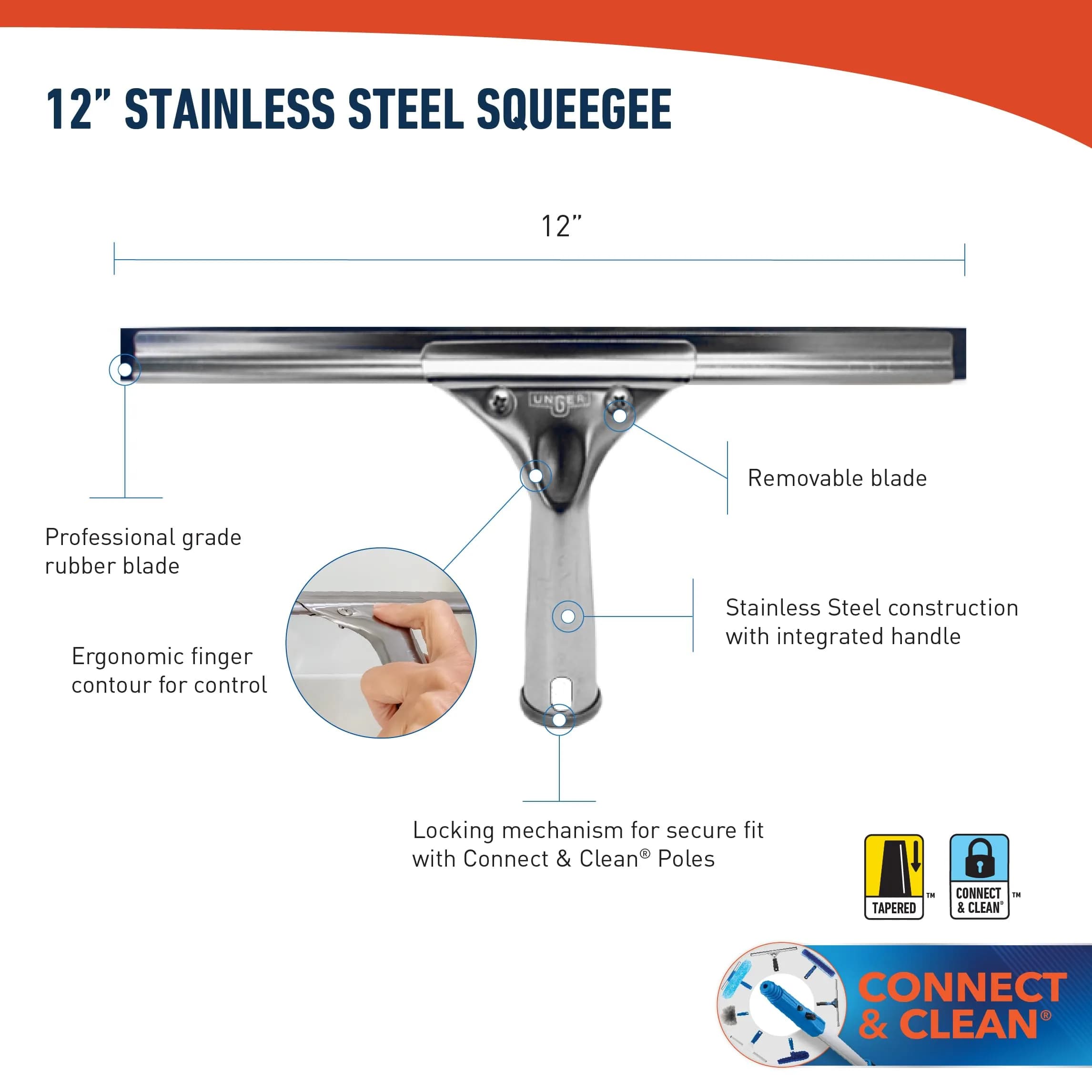 Unger Professional Stainless Steel Heavy-Duty Squeegee 30.48cm (12") | Streak-Free Window Cleaning thumbnail 3
