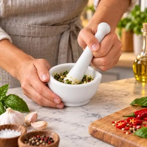 HIC Kitchen Mortar with Pour Spout and Pestle, Fine Porcelain, 4.25-Inch | Effortless spice & herb grinding thumbnail 2