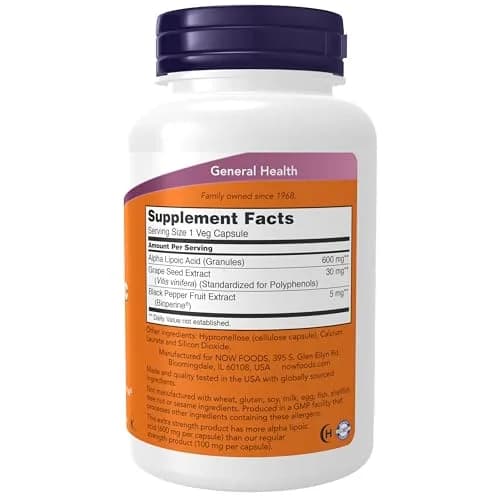 NOW Supplements Alpha Lipoic Acid 600 mg | Extra Strength, 120 Veg Caps for Neural & Heart Support thumbnail 2