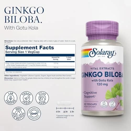 SOLARAY Ginkgo Biloba Extract with Gotu Kola | Brain & Female Libido Support, 60 VegCaps thumbnail 2