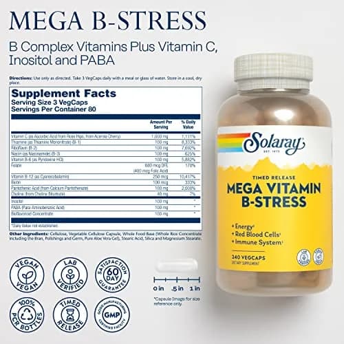 SOLARAY Mega Vitamin B-Stress Time Release, 240 VegCaps | Supports Stress & Energy, Vegan thumbnail 2