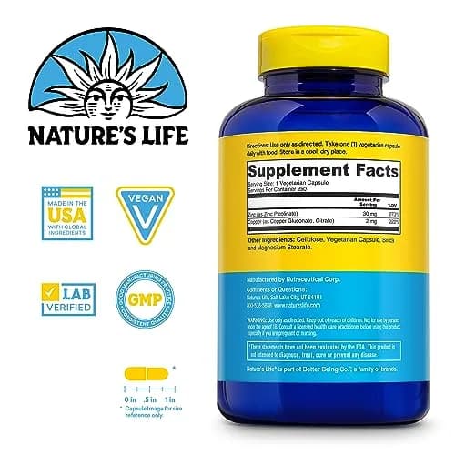 Nature's Life Zinc Picolinate 30 mg with Copper | 250 Capsules for Immune & Skin Support thumbnail 2