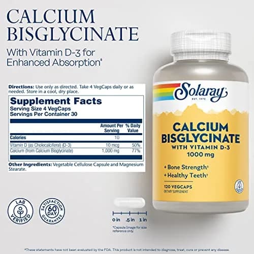 SOLARAY Calcium Bisglycinate Supplement 1000mg 120 Veg Caps | Bone & Teeth Support, Enhanced Absorption thumbnail 2