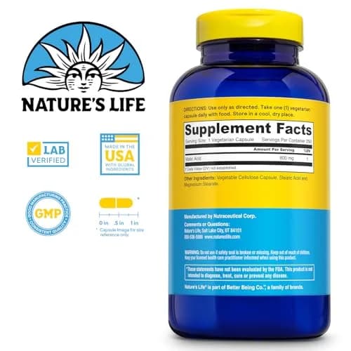 Nature's Life Malic Acid 800 mg | Chelating Agent for Energy & Muscle Comfort | 250 Vegetarian Capsules thumbnail 2