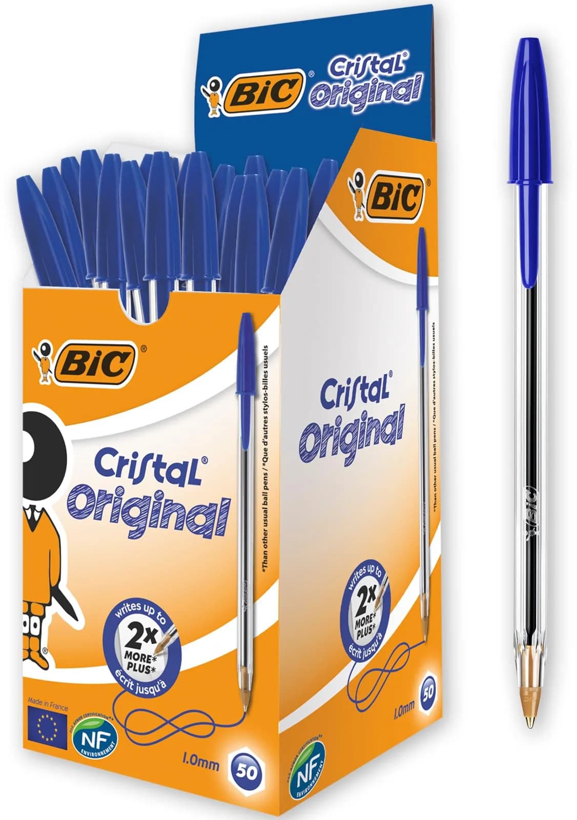 BIC Cristal Original Ballpoint Pens, Medium Point (1.0 mm) Clear Barrel, Box of 50 | Smooth Ink Flow Writing Instrument — Blue