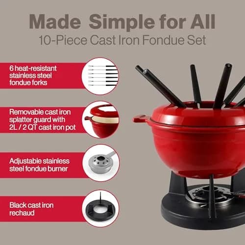 Swissmar Lucerne Cast Iron Fondue Set, 10-Piece, 2 Liter, Red | Versatile, Even Heating & All Heat Source Compatibility thumbnail 6