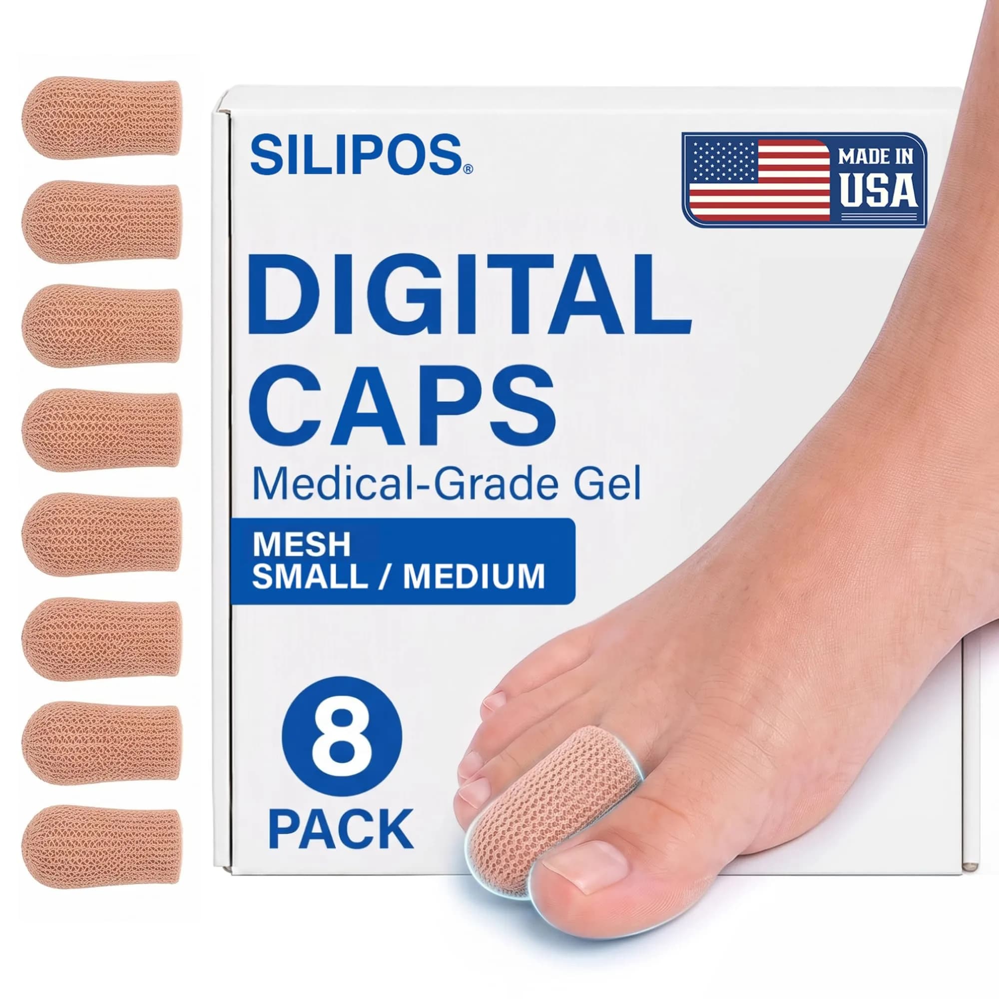 Silipos Digital Cap Gel Toe Cap for Corns & Ingrown Nails 8 Pack | Reusable Toe Protection for Sore & Injured Toes — Mesh Knit Fabric