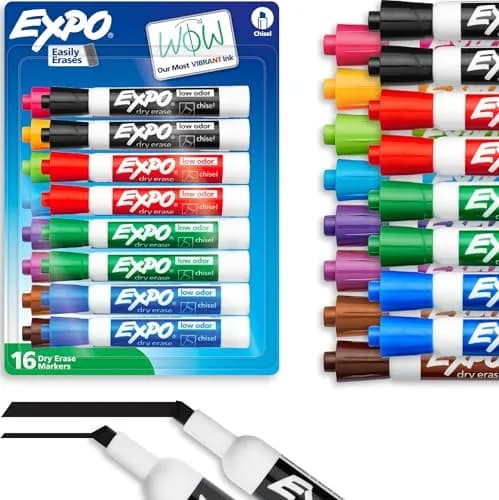 EXPO Dry Erase Markers, Low Odor Ink, Assorted Colors, Chisel Tip, 16 Count | Vibrant Ink for Whiteboards thumbnail 1
