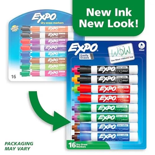 EXPO Dry Erase Markers, Low Odor Ink, Assorted Colors, Chisel Tip, 16 Count | Vibrant Ink for Whiteboards thumbnail 3
