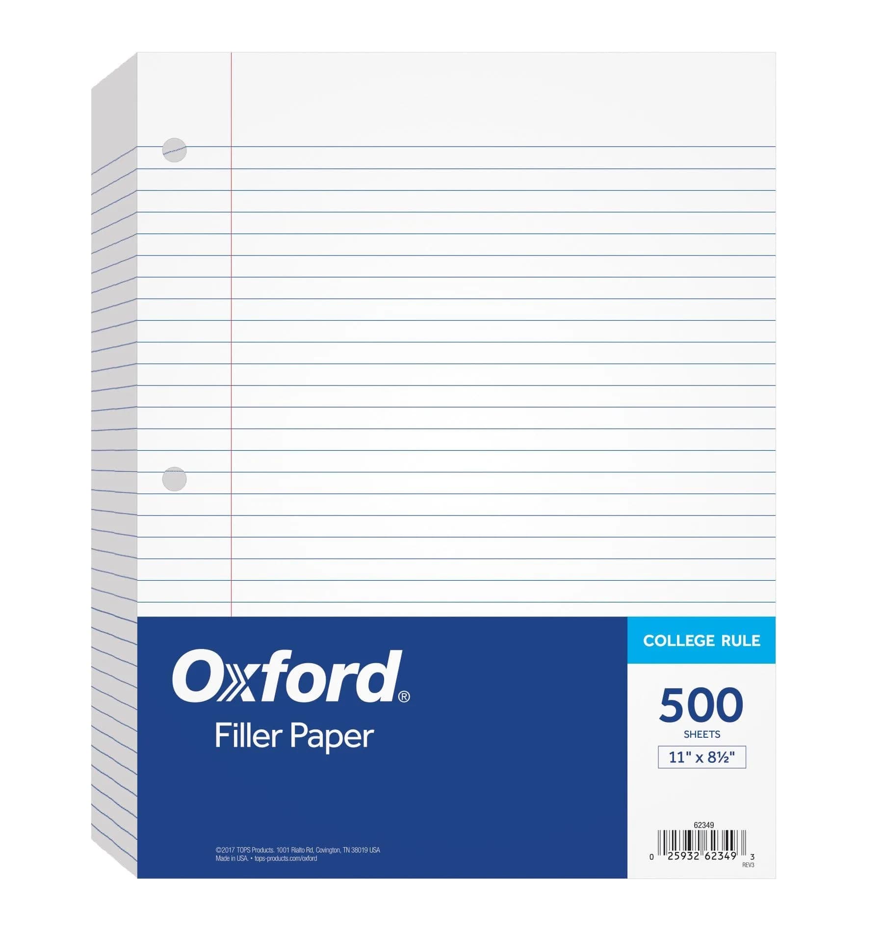 Oxford Loose Leaf Paper, 500 Sheets | College Rule Filler Notebook Paper, 8-1/2" x 11", 3-Hole Punched (62349) - main product image