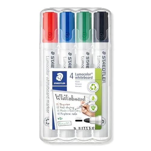 STAEDTLER Lumocolor Whiteboard Marker, Wide Bullet Tip, Box of 4 Assorted Colors (Red, Blue, Green, Black) | Refillable, Fast-Drying, 2.0mm Linewidth thumbnail 1