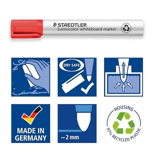 STAEDTLER Lumocolor Whiteboard Marker, Wide Bullet Tip, Box of 4 Assorted Colors (Red, Blue, Green, Black) | Refillable, Fast-Drying, 2.0mm Linewidth thumbnail 7