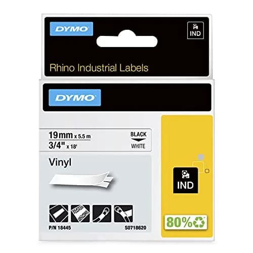 DYMO Rhino Industrial Vinyl Labels 3/4" (19mm) Black on White Tape | Weatherproof & Chemical-Resistant thumbnail 1