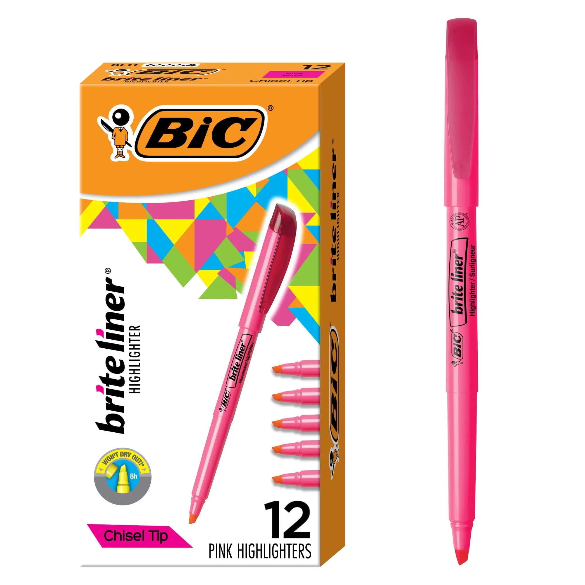 BIC Brite Liner Highlighters, Chisel Tip, 12-Count Pink Set | ACMI-Approved Non-Toxic Markers - main product image