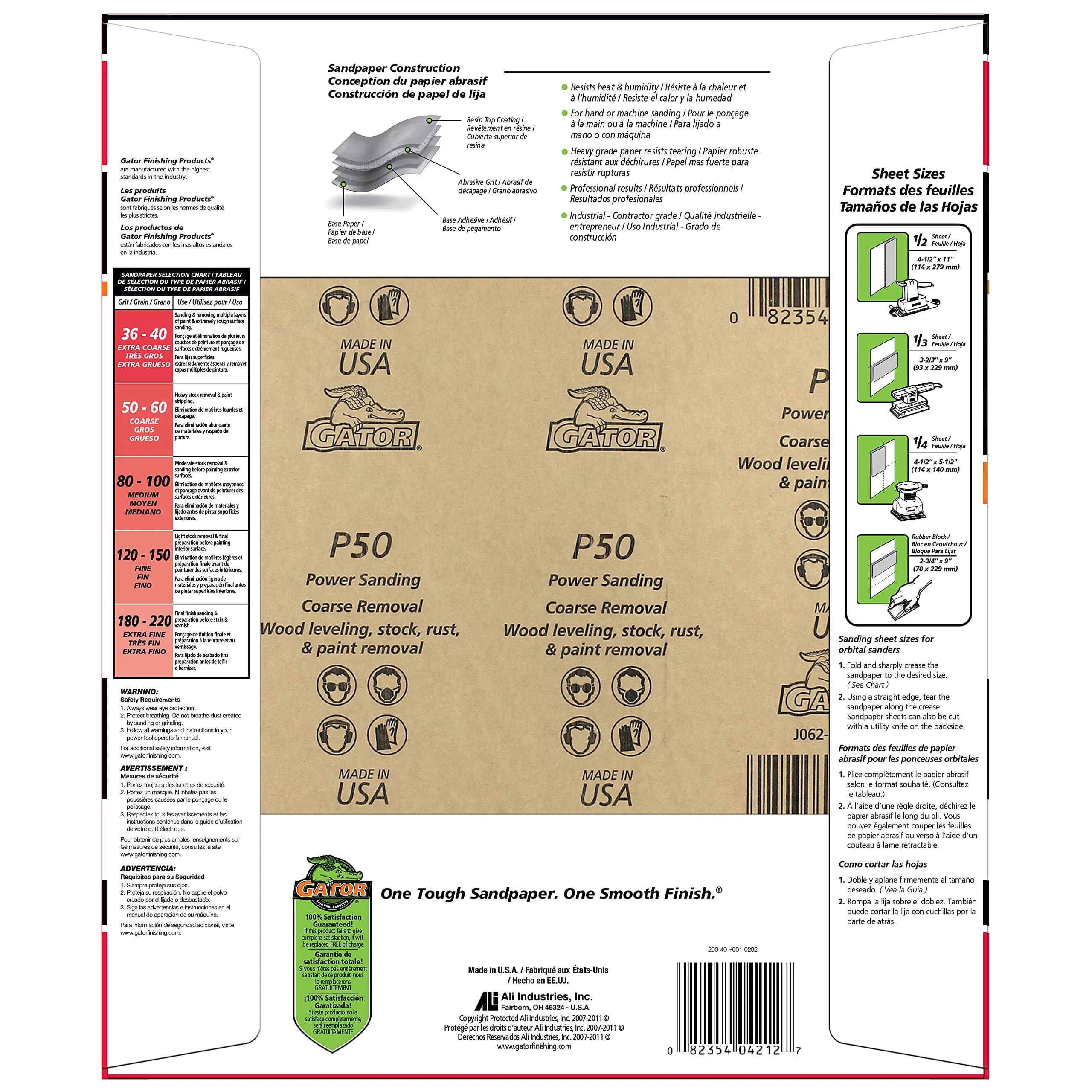 Gator 9" x 11" Multi-Surface Sanding Sheets, 50 Grit, 25 Pack | Extra Coarse Aluminum Oxide for Wood, Metal, Fiberglass - view 2
