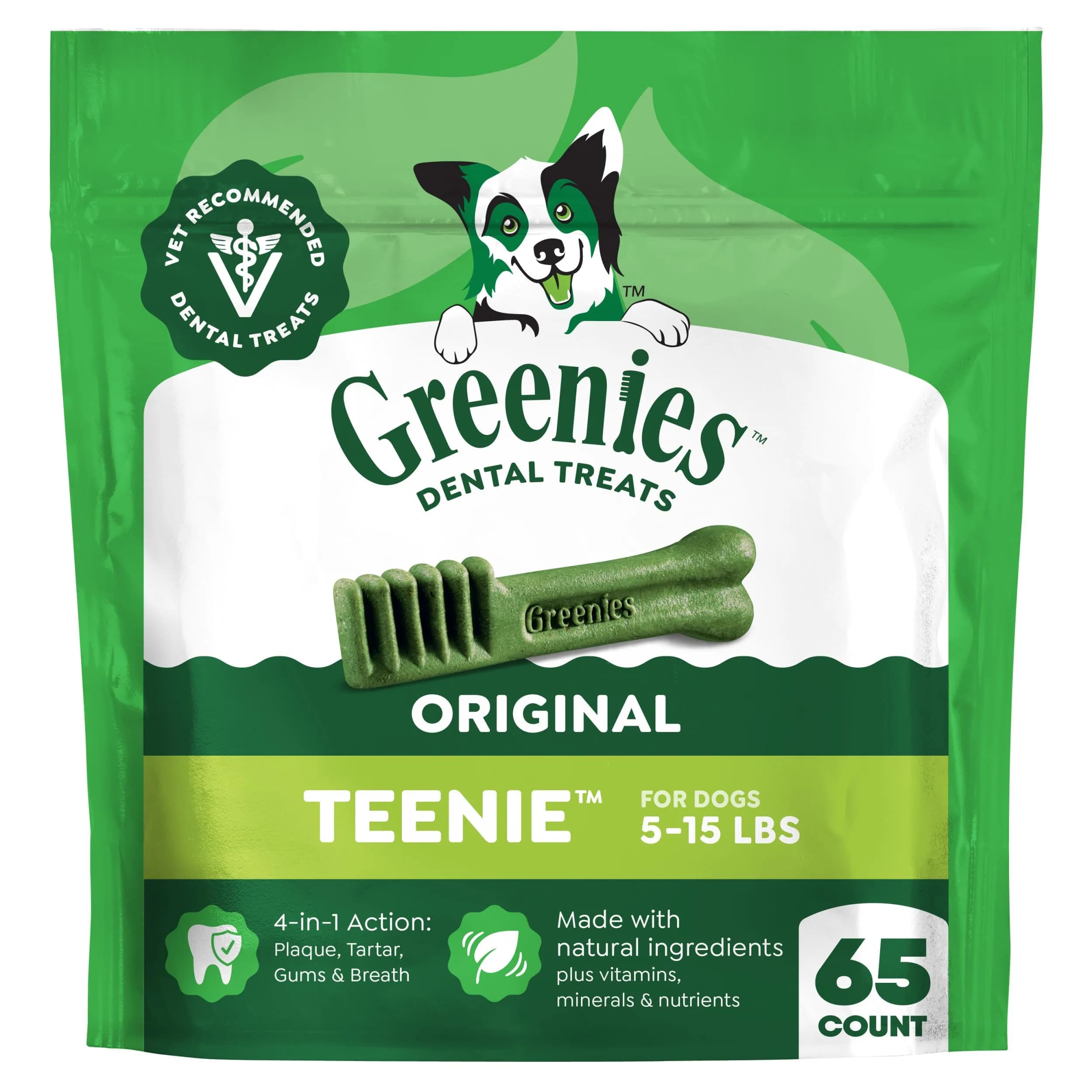 Greenies Teenie Original Natural Dental Dog Treats, Chicken, 65 Count (18 oz / 510 g) | Veterinarian-Recommended Dental Care for Dogs 5-15 lbs - main product image