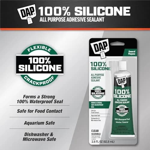 DAP All Purpose 100% Silicone Adhesive Sealant, Clear, 2.8 oz | Waterproof, Food Safe, Fast Cure thumbnail 2