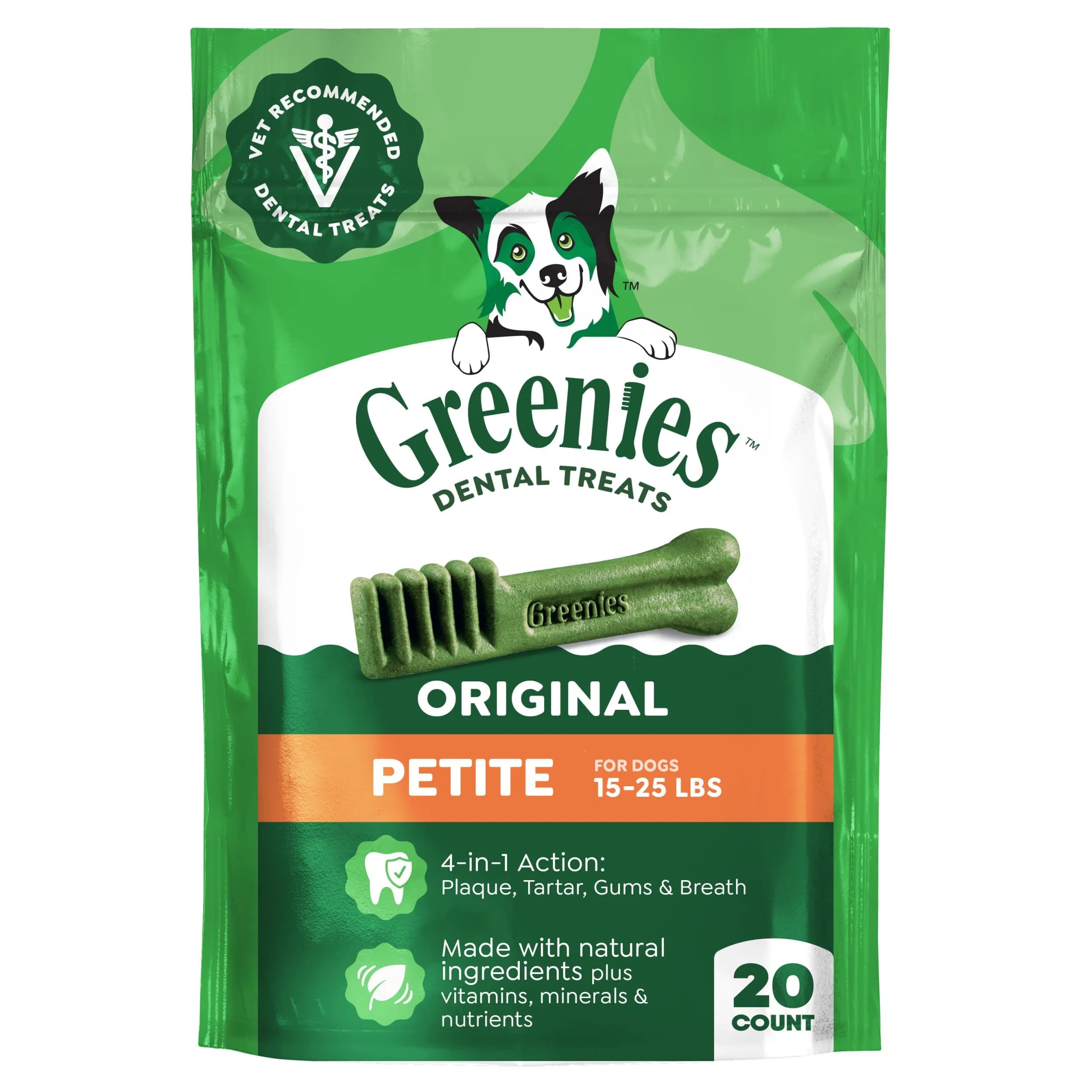 Greenies Petite Natural Dental Dog Treats, Original Flavor, 20 Count | Supports Plaque & Tartar, Fresh Breath (100-120c) — Original