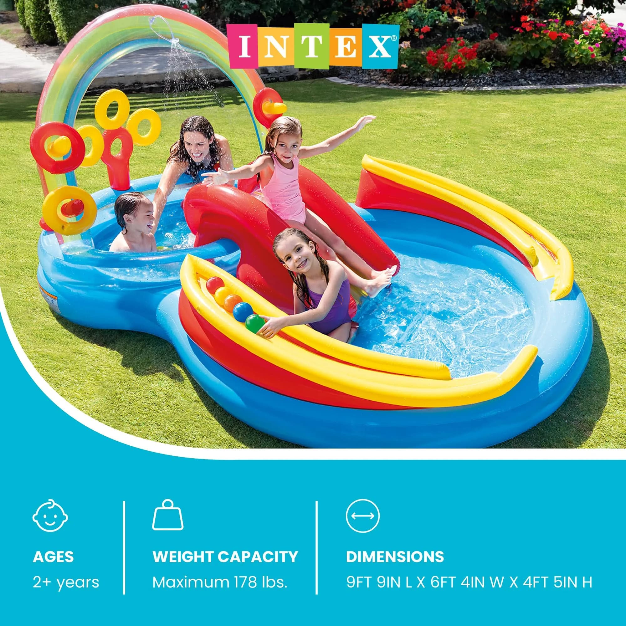 Intex Jurassic Adventure Inflatable Kiddie Pool with Water Sprayer, Slide & Dinosaurs - Multicolor, 117" x 76" x 53" - view 2