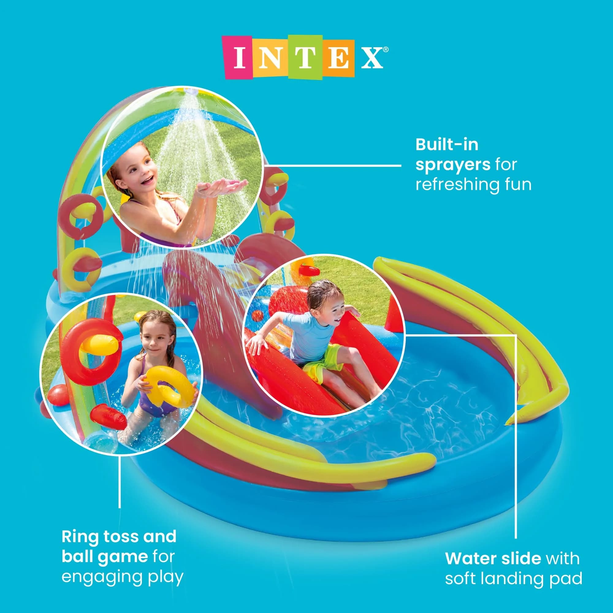 Intex Jurassic Adventure Inflatable Kiddie Pool with Water Sprayer, Slide & Dinosaurs - Multicolor, 117" x 76" x 53" - view 3