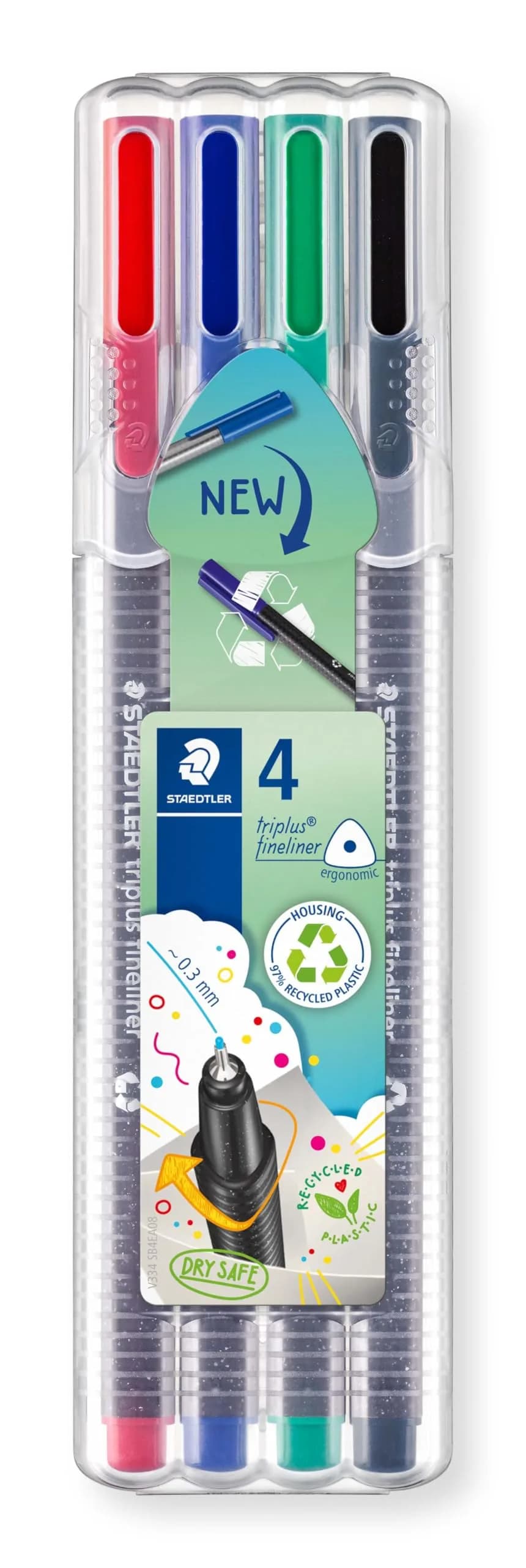 STAEDTLER Fineliner Pens - Triplus - for Adult Colouring - 4 Assorted Colours | Ergonomic Triangular Shape, Water-Based Ink, 0.3 mm Linewidth — Desktop Box