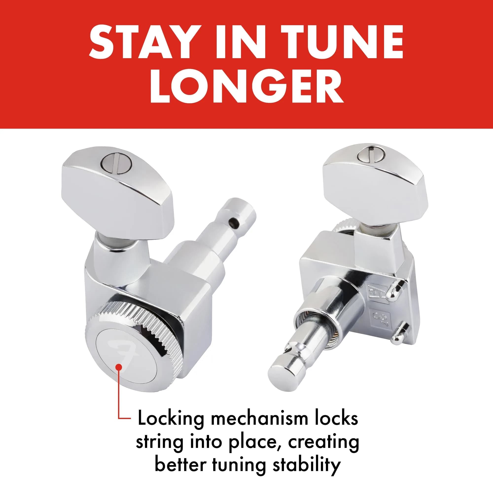 Fender Locking Tuners for Right-Handed Electric Guitar, Stratocaster & Telecaster, Polished Chrome, Set of 6 | 18:1 Gear Ratio - view 2