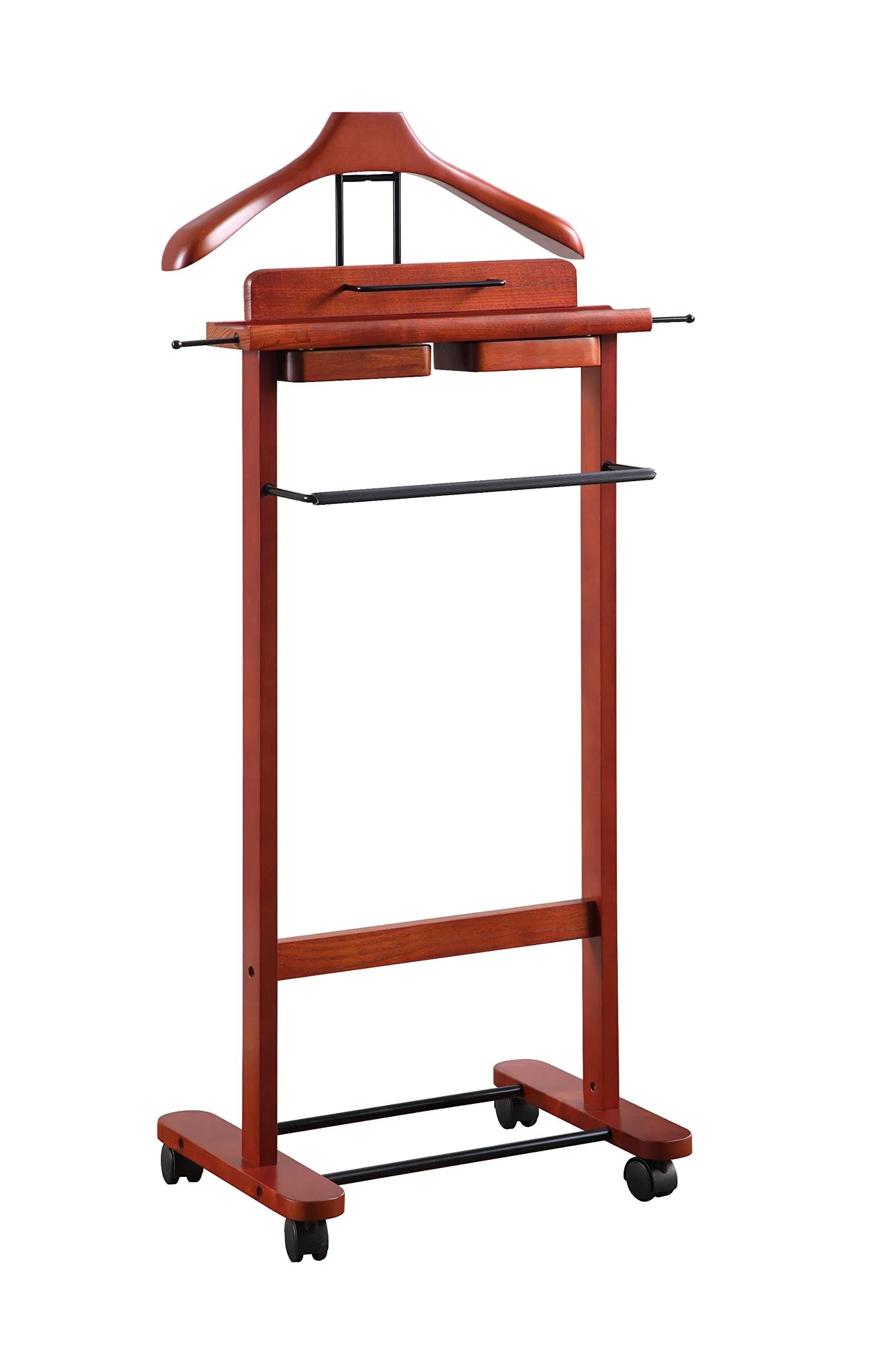 Proman Products Deluxe Suit Valet Stand VL16204 with Top Tray, Slide Out Tray, Contour Hanger, Trouser Bar, Tie & Belt Hooks and Shoe Rack, 17" W x 13" D x 41" H, Dark Cherry | Solid Wood - main product image