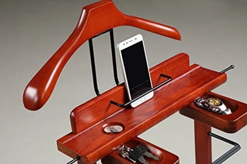 Proman Products Deluxe Suit Valet Stand VL16204 with Top Tray, Slide Out Tray, Contour Hanger, Trouser Bar, Tie & Belt Hooks and Shoe Rack, 17" W x 13" D x 41" H, Dark Cherry | Solid Wood thumbnail 4