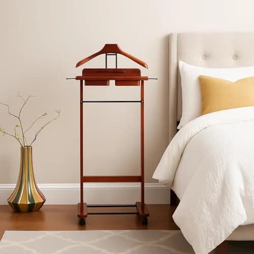 Proman Products Deluxe Suit Valet Stand VL16204 with Top Tray, Slide Out Tray, Contour Hanger, Trouser Bar, Tie & Belt Hooks and Shoe Rack, 17" W x 13" D x 41" H, Dark Cherry | Solid Wood thumbnail 6