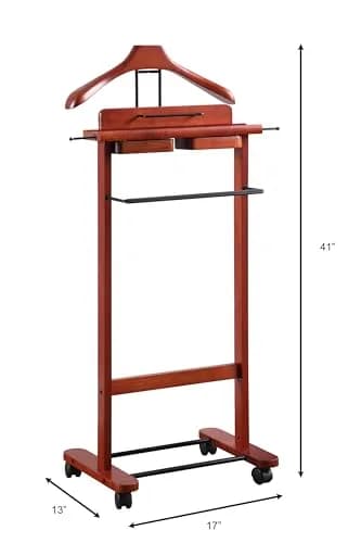 Proman Products Deluxe Suit Valet Stand VL16204 with Top Tray, Slide Out Tray, Contour Hanger, Trouser Bar, Tie & Belt Hooks and Shoe Rack, 17" W x 13" D x 41" H, Dark Cherry | Solid Wood thumbnail 7