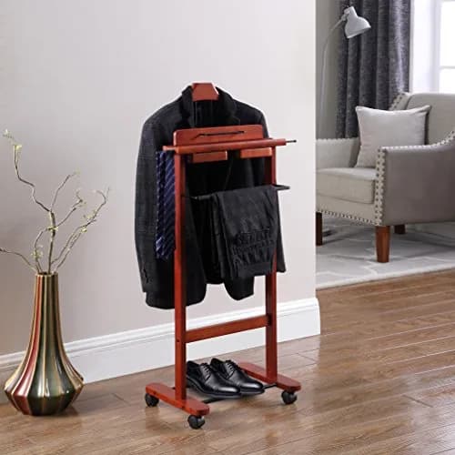 Proman Products Deluxe Suit Valet Stand VL16204 with Top Tray, Slide Out Tray, Contour Hanger, Trouser Bar, Tie & Belt Hooks and Shoe Rack, 17" W x 13" D x 41" H, Dark Cherry | Solid Wood thumbnail 3