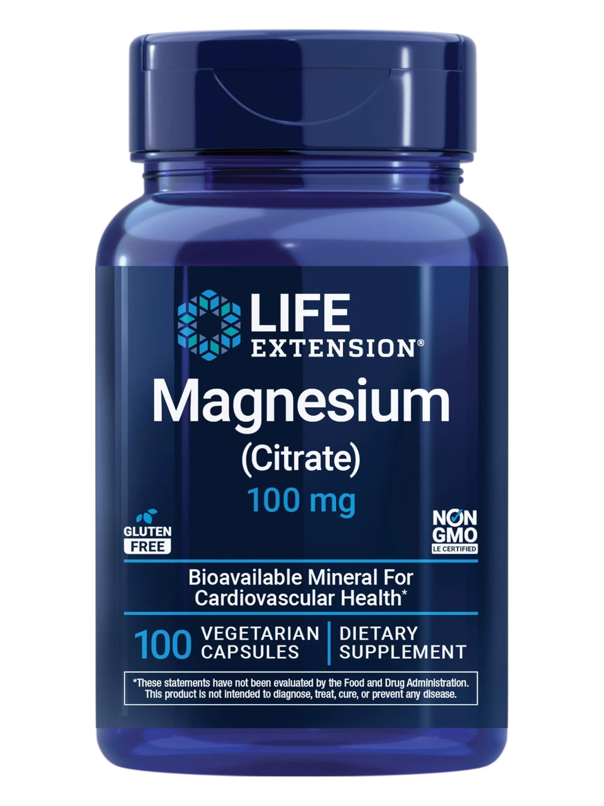 Life Extension Magnesium Citrate, 100 mg, Heart & Bone Support, 100 Capsules — Blue
