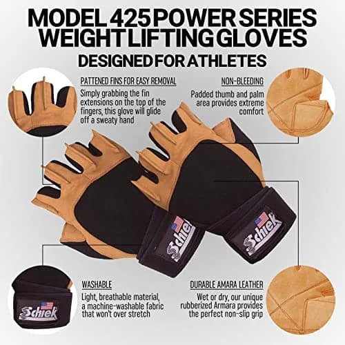 Schiek Sports Model 425 Power Series Weight Lifting Gloves - Leather Gym Gloves with Padded Palms thumbnail 4