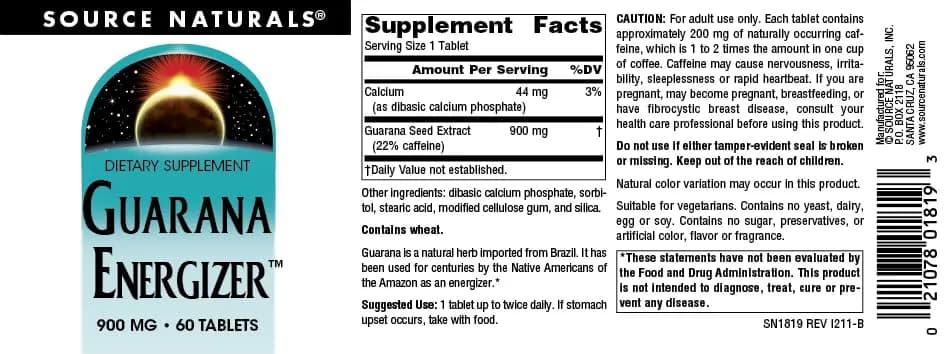 Source Naturals Guarana Energizer 60 Tablets | Long-Lasting Energy Support with Caffeine thumbnail 4