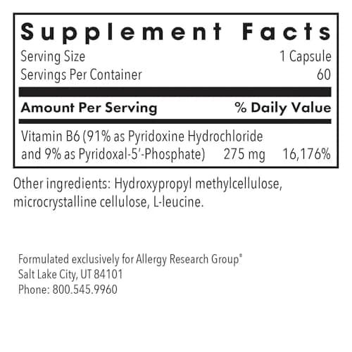 Allergy Research Group Pyridoxine P5P Active Vitamin B6 Formula, 60 Capsules | Supports amino acid & lipid metabolism thumbnail 2