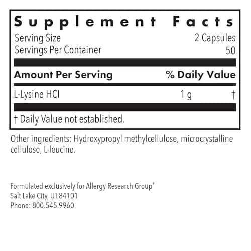 Allergy Research Group L-Lysine 500 mg Capsules | Supports Calcium Absorption & Bone Health (100 Capsules) thumbnail 2