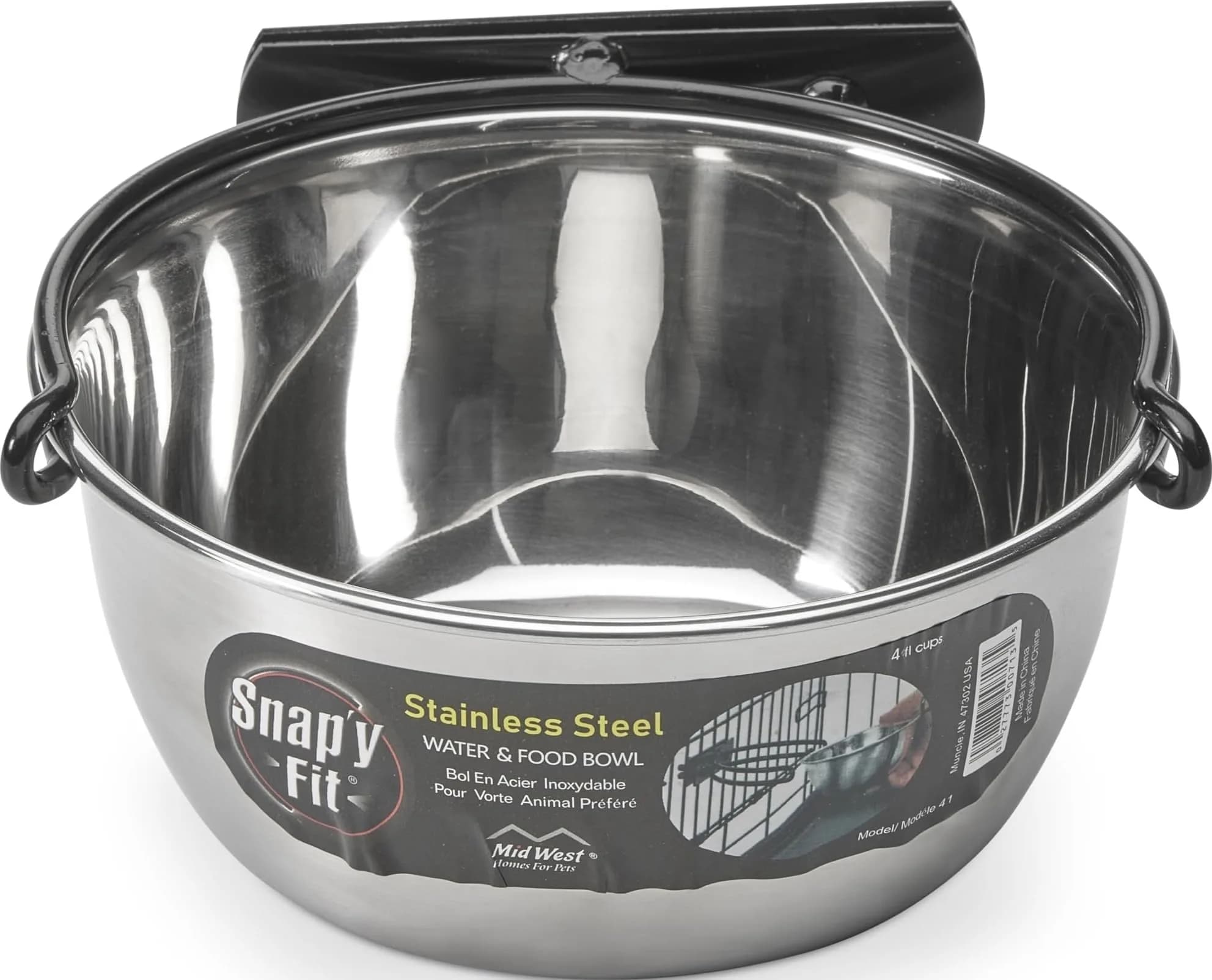 MidWest Homes for Pets Snap'y Fit Stainless Steel Food or Water Bowl 1 Quart (4 Cups) | Mounts to Wire Crates, No-Tip Design - main product image