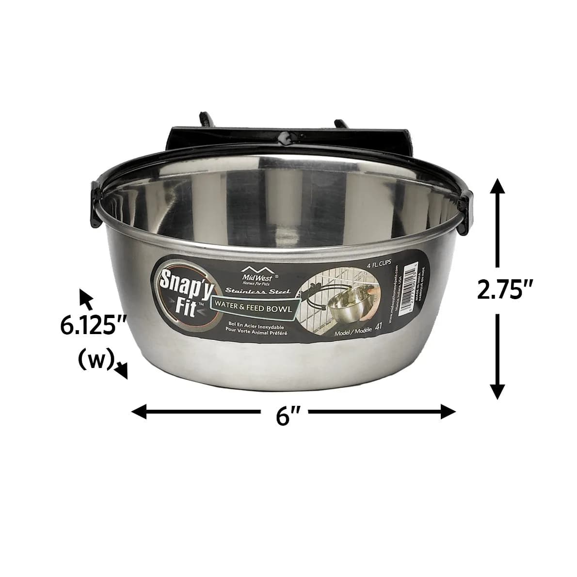 MidWest Homes for Pets Snap'y Fit Stainless Steel Food or Water Bowl 1 Quart (4 Cups) | Mounts to Wire Crates, No-Tip Design - view 2
