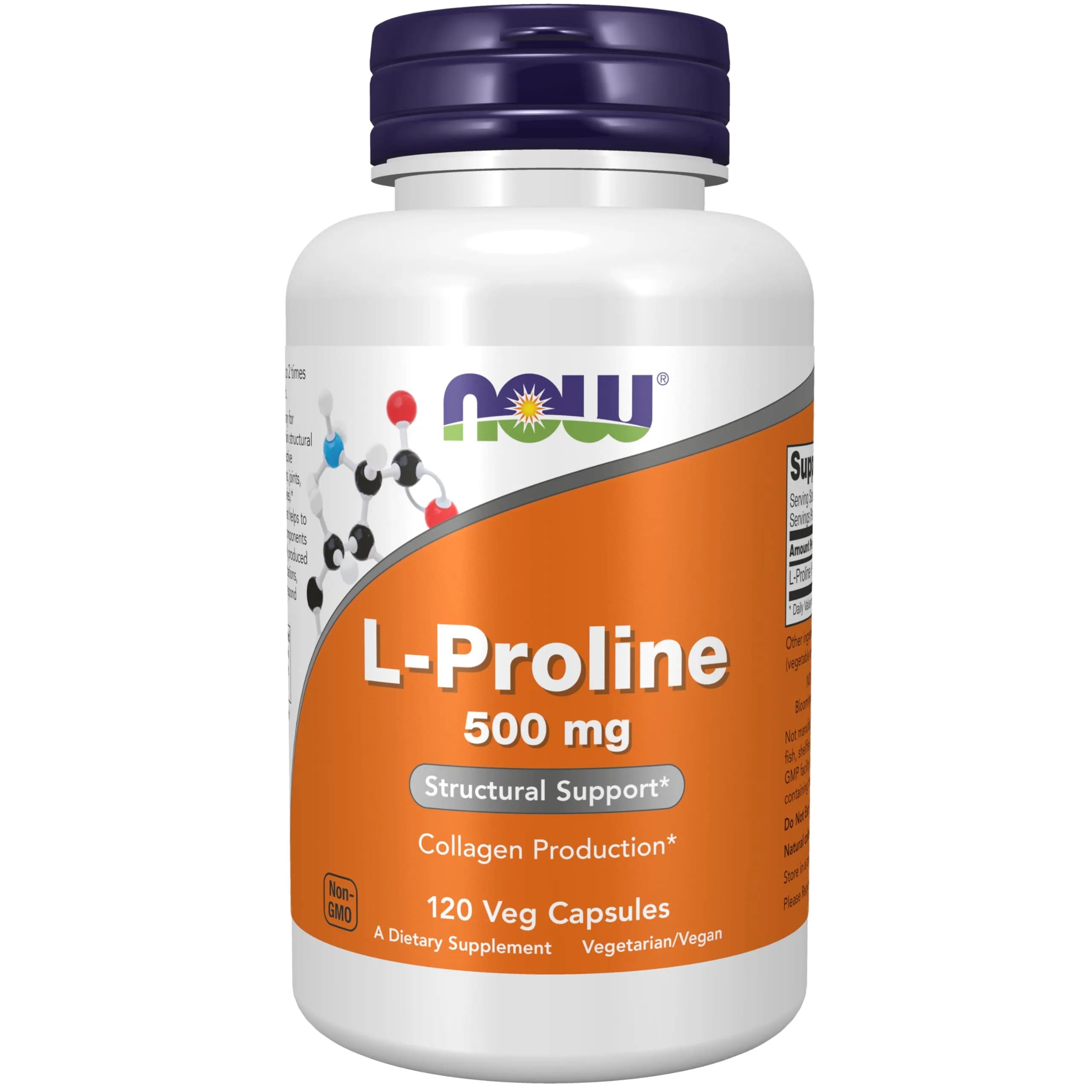 NOW Supplements, L-Proline 500 mg, Collagen Production, 120 Veg Caps | Supports Skin & Connective Tissues — Off White