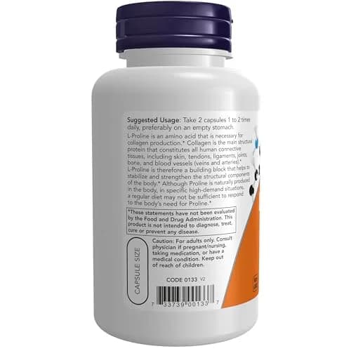 NOW Supplements, L-Proline 500 mg, Collagen Production, 120 Veg Caps | Supports Skin & Connective Tissues thumbnail 3