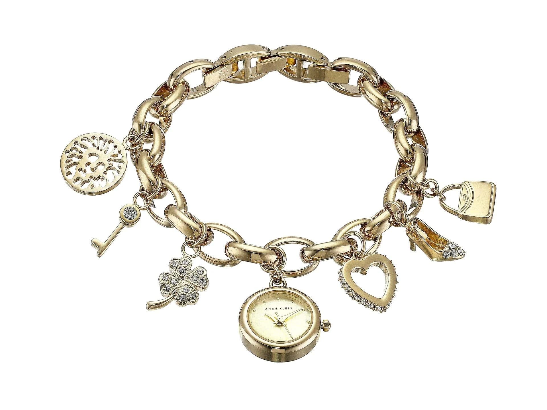 Anne Klein Women's Gold Charm Bracelet Watch with Gold Dial & Crystal Accents | 20mm Case
