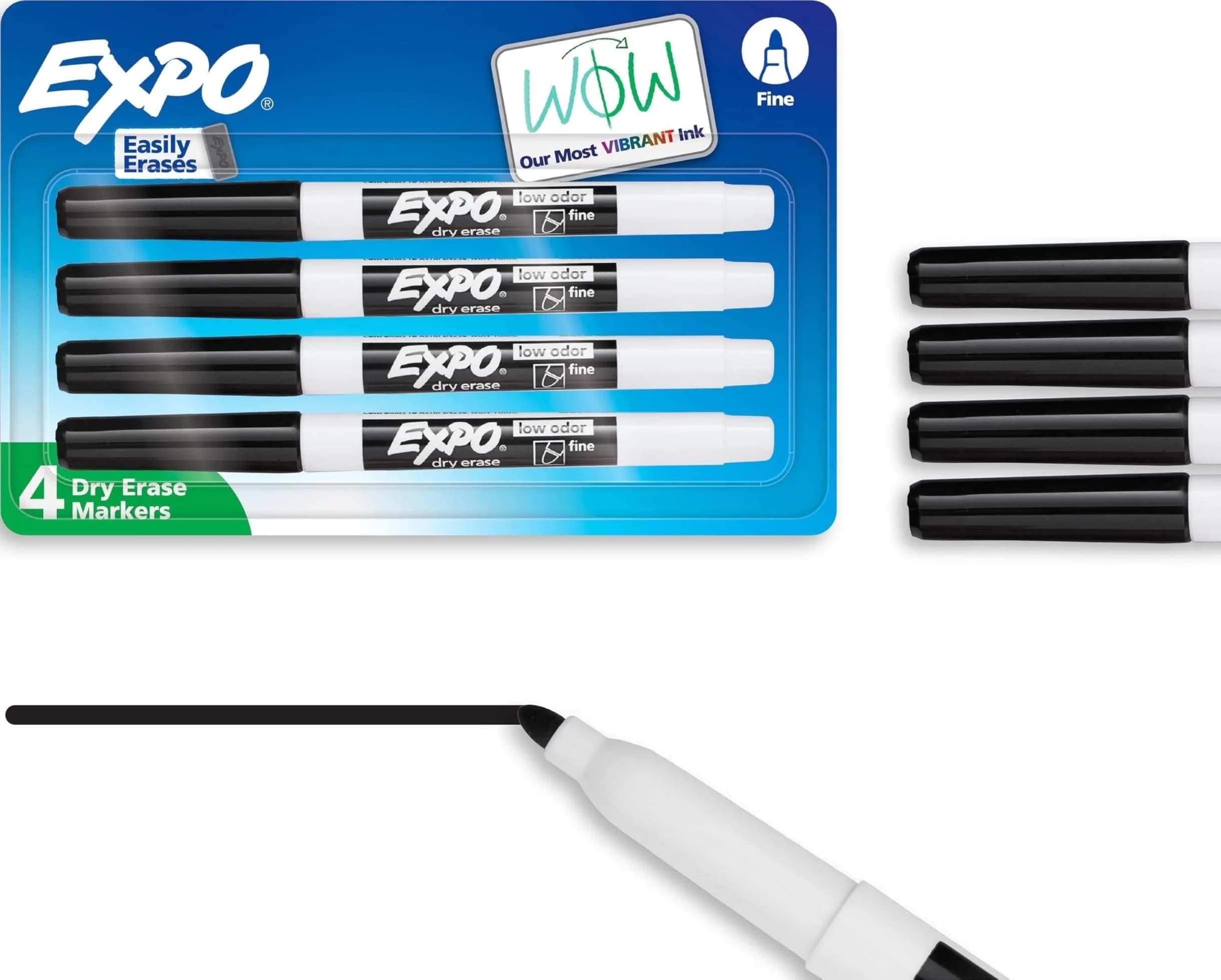 EXPO Low Odor Dry Erase Markers, Fine Tip, Black, 4 Count | Smooth Ink Flow