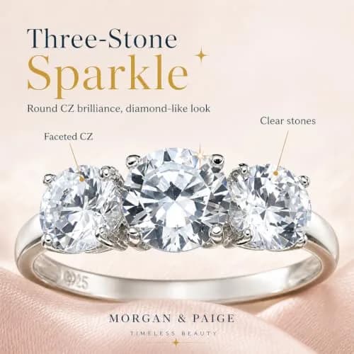 Morgan & Paige Silver Three Stone Round Cut White CZ Engagement Ring Size 8 | Elegant, Hypoallergenic Sterling Silver thumbnail 5