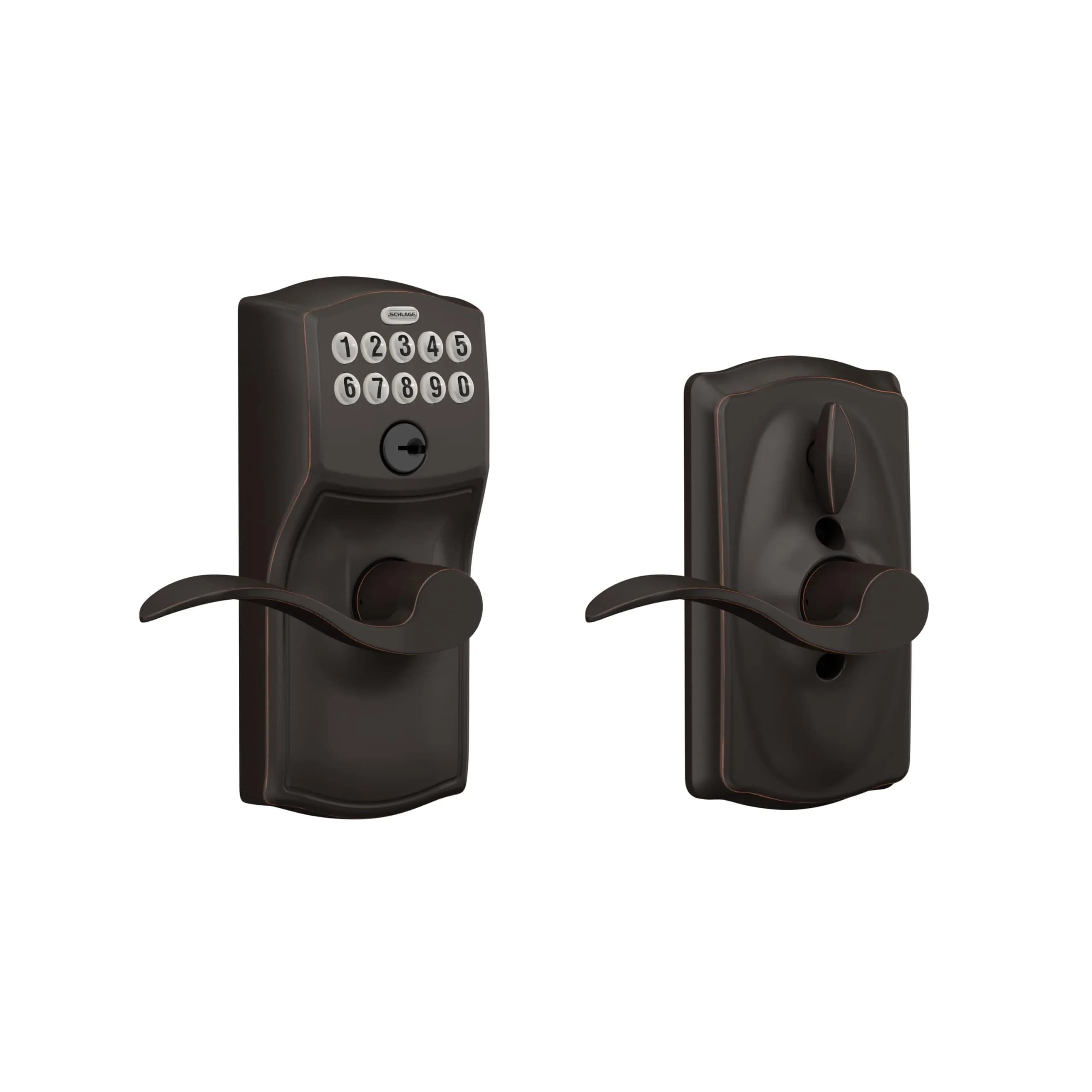 Schlage Electronic Keypad Lock, Camelot Lever Handle, Aged Bronze | Keyless Security for Homes & Offices