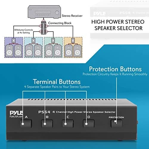 Pyle 4-Channel High Power Stereo Speaker Selector - A/B/C/D | 4 Pairs of Speakers, 100W/Channel, 14-Gauge Wires thumbnail 2