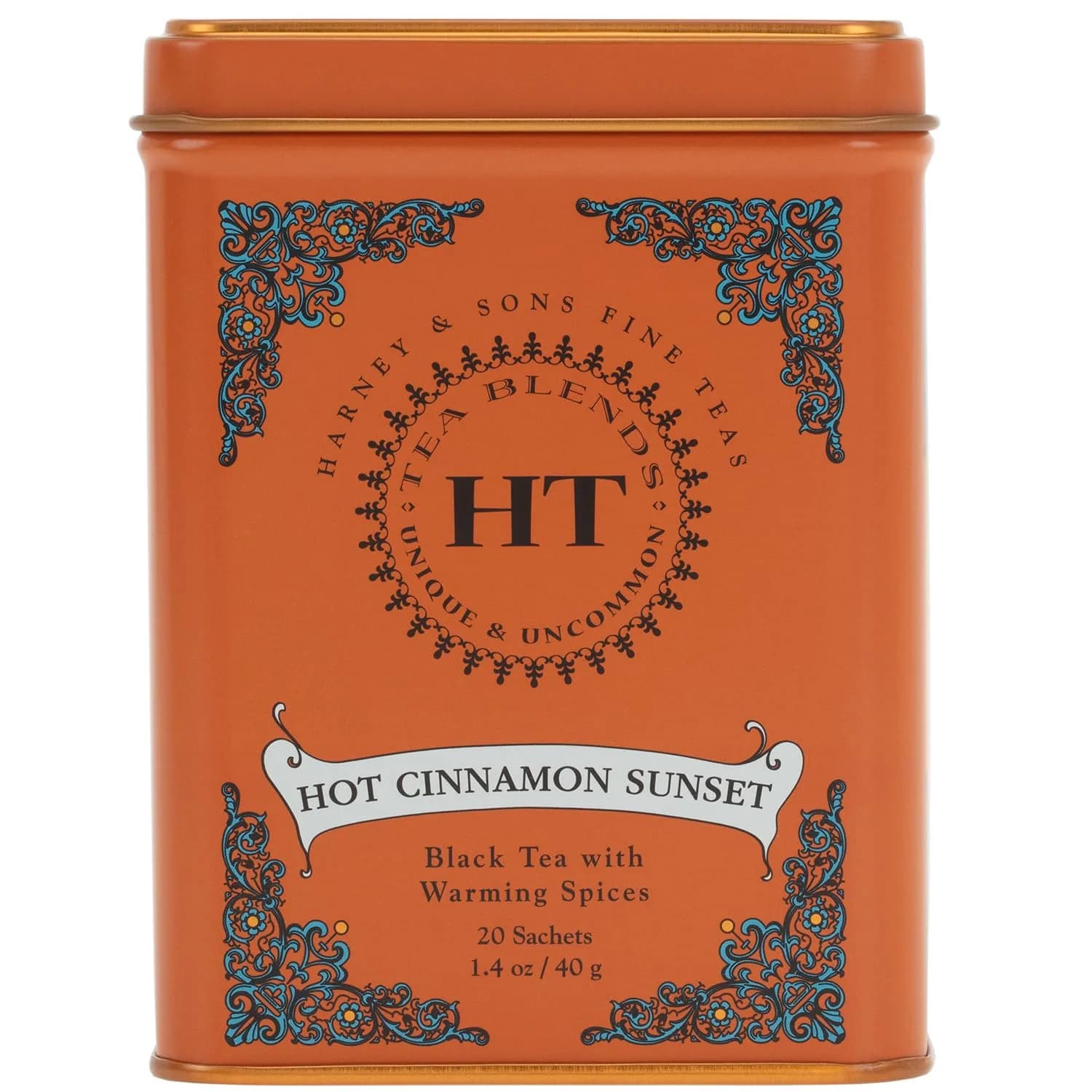 Harney & Sons Caffeinated Hot Cinnamon Sunset Black Tea with Orange and Cloves Tin 20 Sachets | Bold Spice Flavor, Hot or Iced (70-120 chars)
