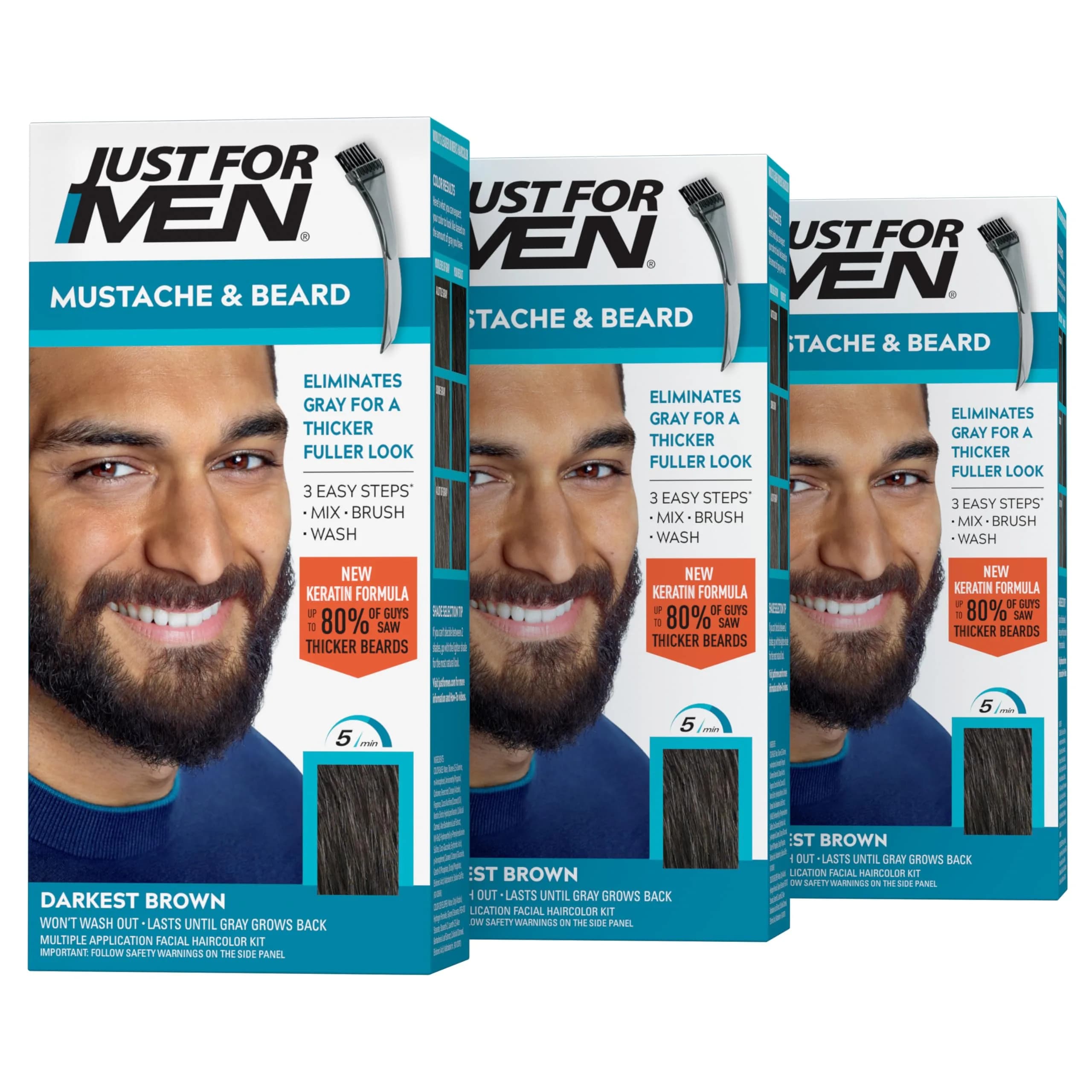 Just For Men Mustache & Beard Color Darkest Brown M-50 (Pack of 3) | Ammonia-Free Facial Hair Dye - main product image