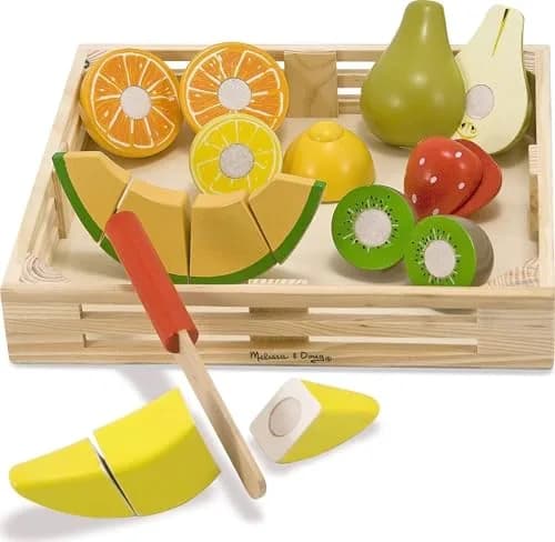 Melissa & Doug Wooden Cutting Fruit Toy Food Set with Knife & Storage Crate | Preschool Learning Toys for Girls & Boys 3+ thumbnail 1