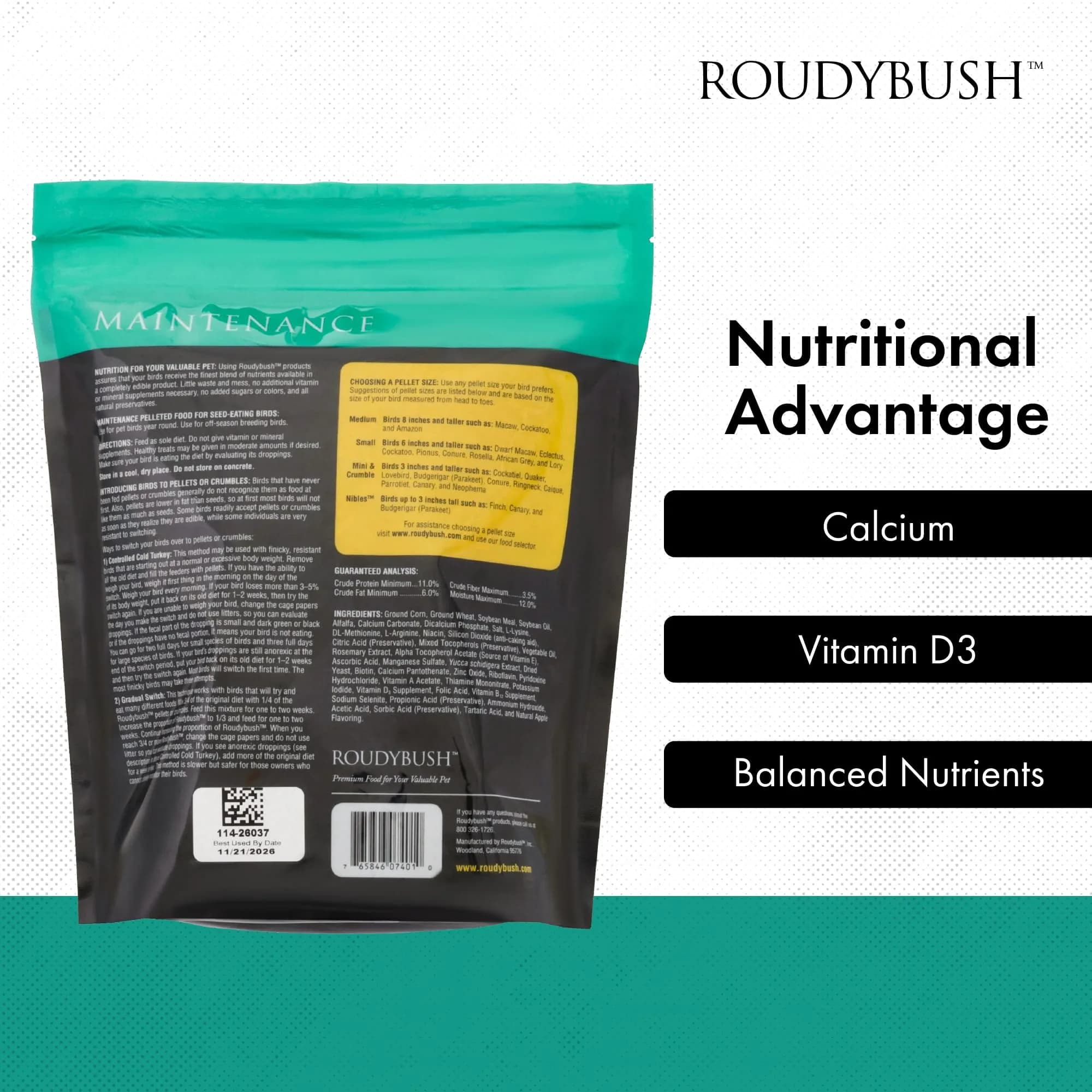 RoudyBush Daily Maintenance Bird Food Pellets 1250 g (44 oz) | Scientifically Formulated for All Life Stages - view 5
