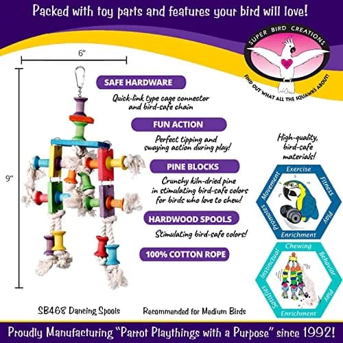 Super Bird Creations Dancing Spools Bird Toy with Cotton Rope for Medium Birds | 33cm (13" L x 8" H x 2" W) thumbnail 2